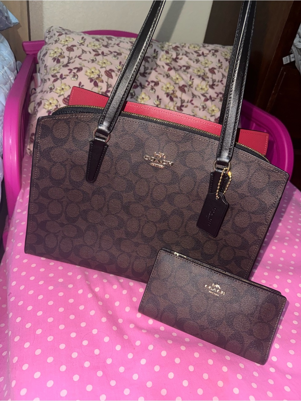 Coach Brown Signature Tote with Red Accents and Matching Wallet
